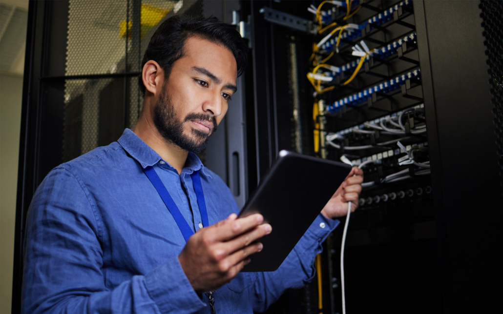 tablet and engineer with connection cable for maintenance